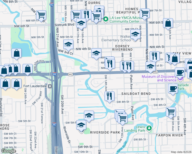 map of restaurants, bars, coffee shops, grocery stores, and more near 1420 Southwest 1st Street in Fort Lauderdale