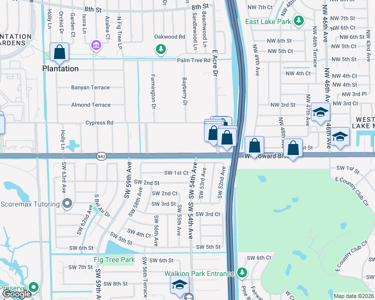 map of restaurants, bars, coffee shops, grocery stores, and more near 5421 West Broward Boulevard in Plantation
