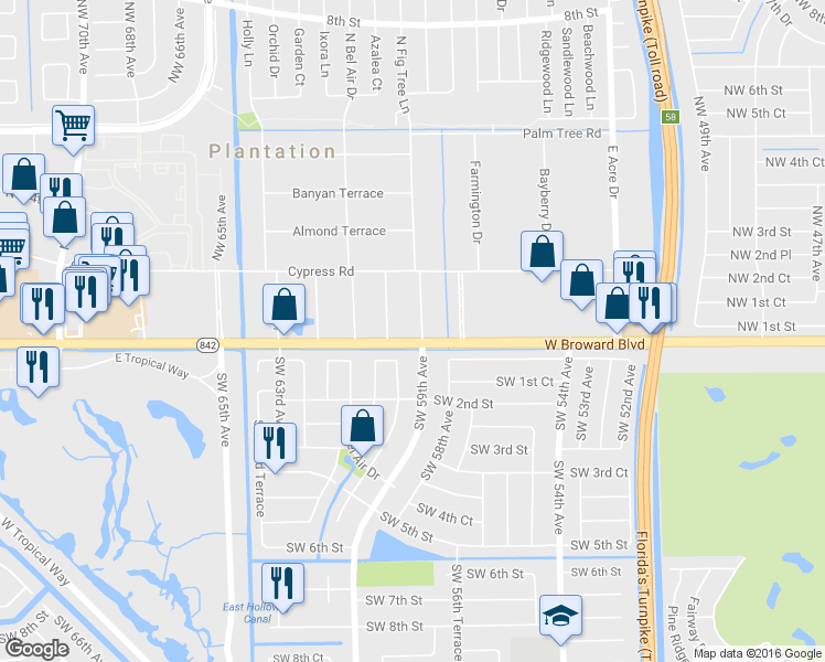 map of restaurants, bars, coffee shops, grocery stores, and more near in Plantation