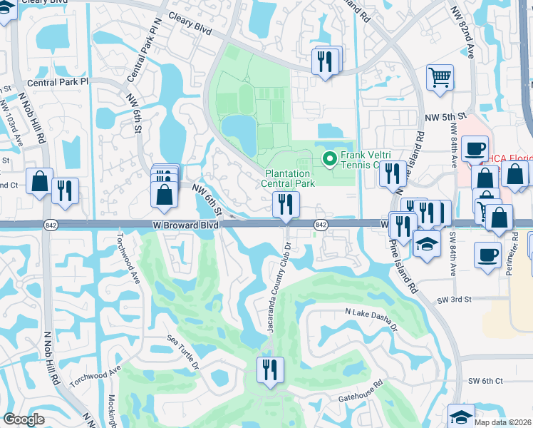 map of restaurants, bars, coffee shops, grocery stores, and more near 9240 Chelsea Drive South in Plantation