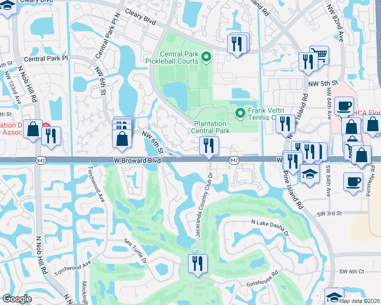 map of restaurants, bars, coffee shops, grocery stores, and more near 9240 Chelsea Drive South in Plantation