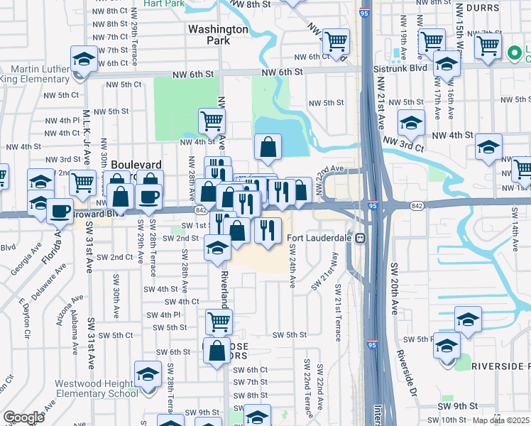 map of restaurants, bars, coffee shops, grocery stores, and more near 2510 West Broward Boulevard in Fort Lauderdale