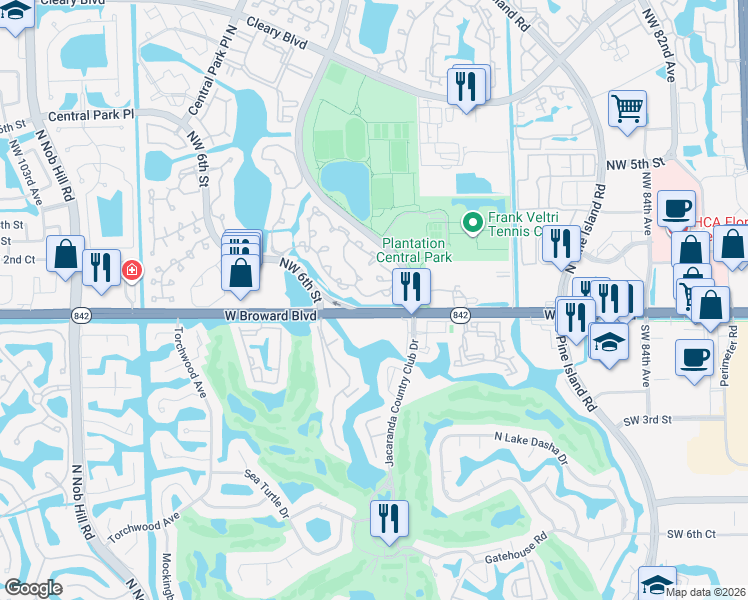 map of restaurants, bars, coffee shops, grocery stores, and more near 9240 Chelsea Drive South in Plantation