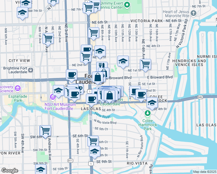 map of restaurants, bars, coffee shops, grocery stores, and more near 827 Southeast 2nd Street in Fort Lauderdale