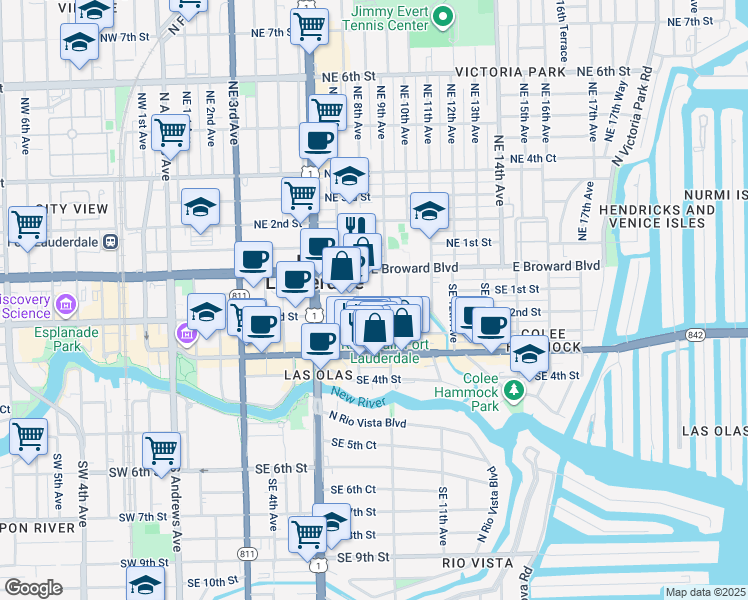 map of restaurants, bars, coffee shops, grocery stores, and more near 817 Southeast 2nd Street in Fort Lauderdale