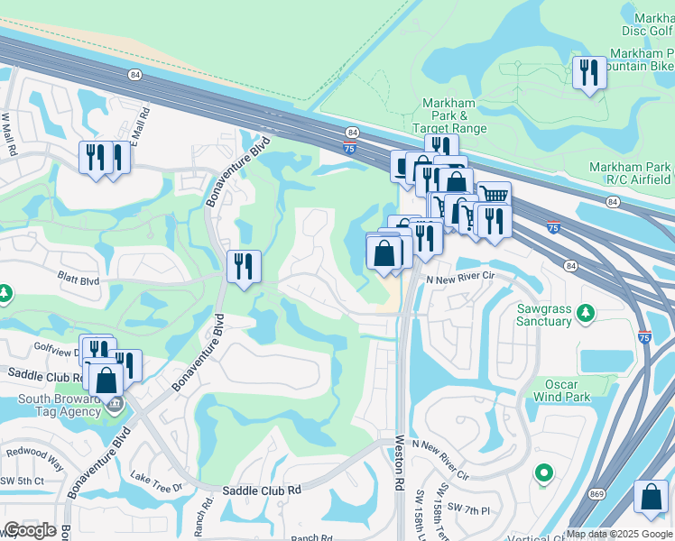 map of restaurants, bars, coffee shops, grocery stores, and more near 16091 Blatt Boulevard in Weston