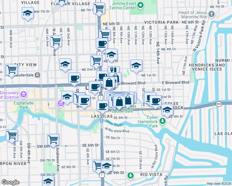 map of restaurants, bars, coffee shops, grocery stores, and more near 108 Southeast 8th Avenue in Fort Lauderdale
