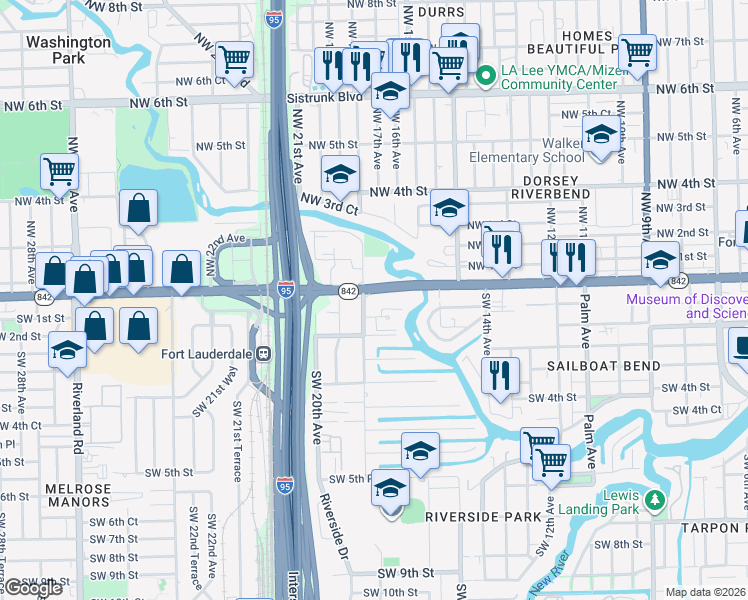 map of restaurants, bars, coffee shops, grocery stores, and more near 100 Southwest 18th Avenue in Fort Lauderdale