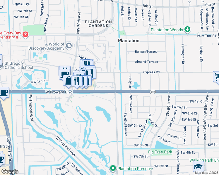 map of restaurants, bars, coffee shops, grocery stores, and more near 6655 West Broward Boulevard in Plantation