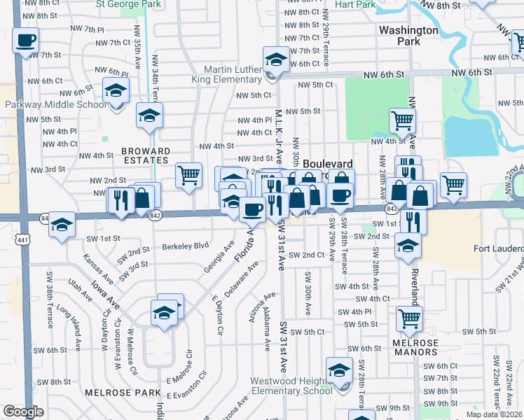 map of restaurants, bars, coffee shops, grocery stores, and more near West Broward Boulevard in Broward