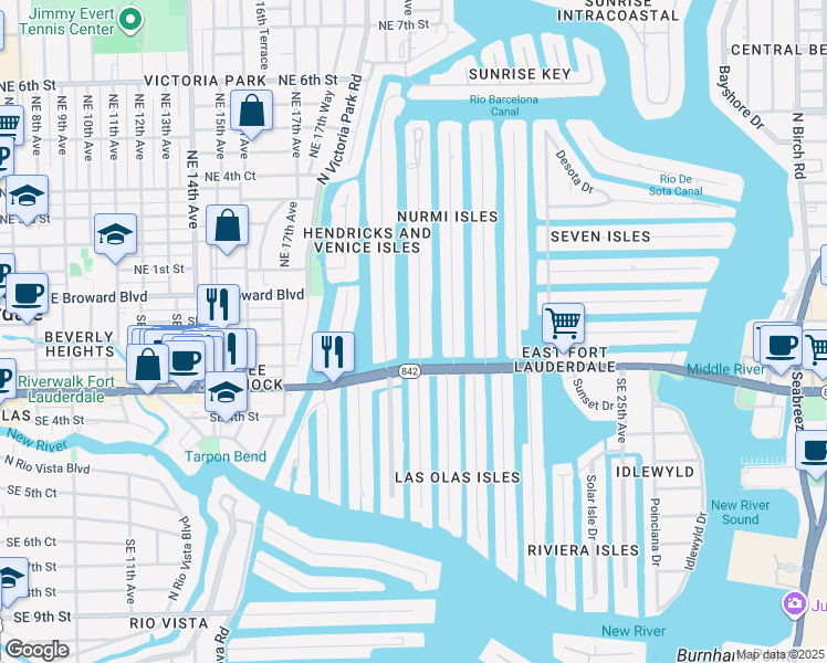 map of restaurants, bars, coffee shops, grocery stores, and more near 15 Isle of Venice Drive in Fort Lauderdale