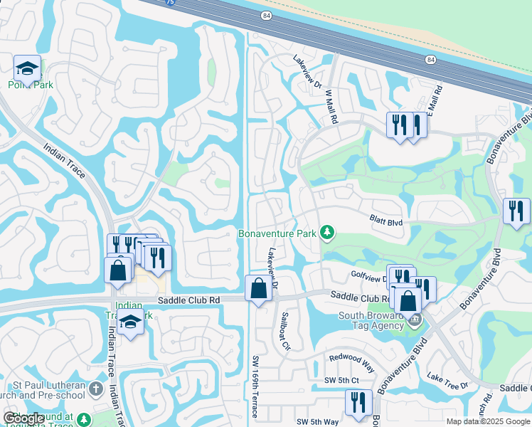 map of restaurants, bars, coffee shops, grocery stores, and more near 75 Blatt Boulevard in Weston