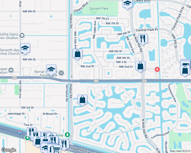 map of restaurants, bars, coffee shops, grocery stores, and more near 250 Northwest 108th Avenue in Plantation
