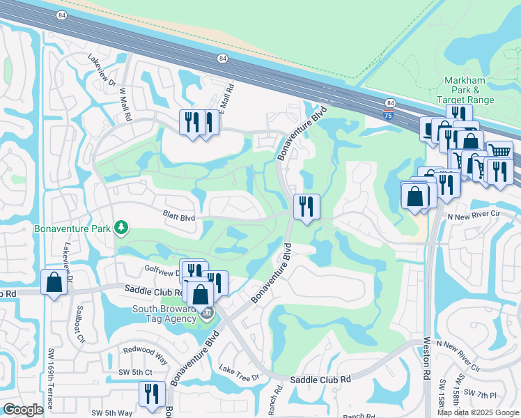 map of restaurants, bars, coffee shops, grocery stores, and more near 359 Blatt Boulevard in Weston