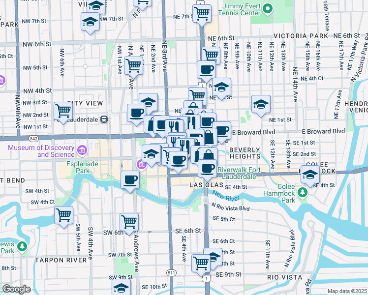 map of restaurants, bars, coffee shops, grocery stores, and more near 419 Southeast 2nd Street in Fort Lauderdale