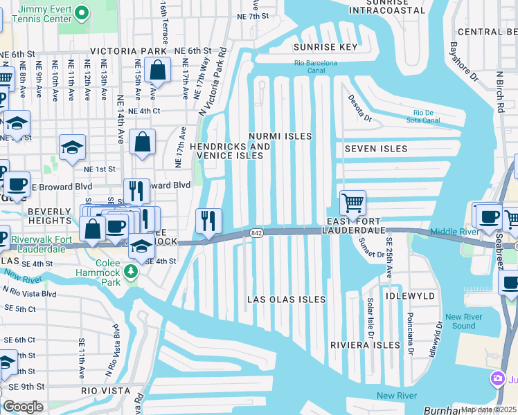 map of restaurants, bars, coffee shops, grocery stores, and more near 15 Isle of Venice Drive in Fort Lauderdale