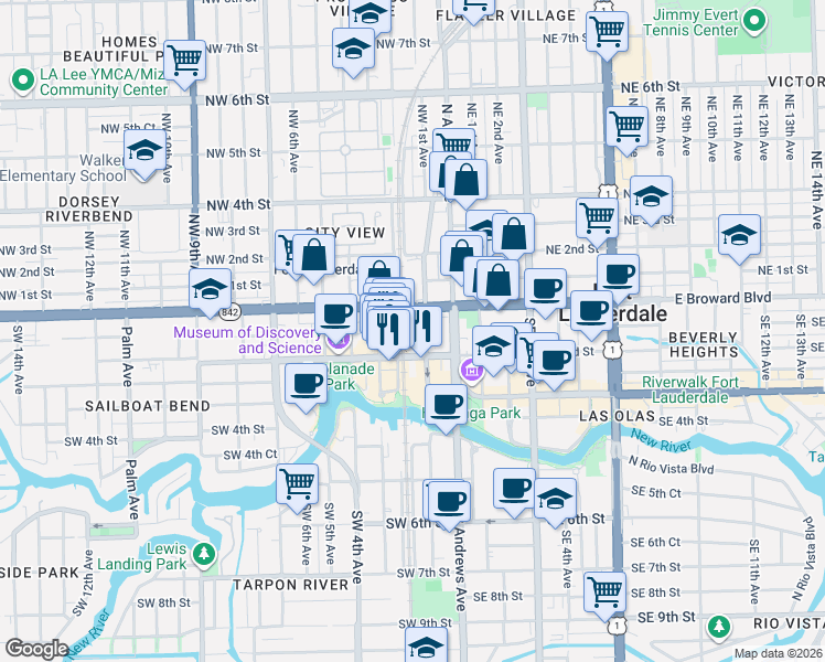 map of restaurants, bars, coffee shops, grocery stores, and more near 151 Southwest 2nd Street in Fort Lauderdale