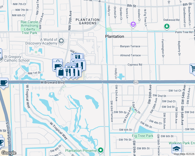 map of restaurants, bars, coffee shops, grocery stores, and more near 6655 West Broward Boulevard in Plantation