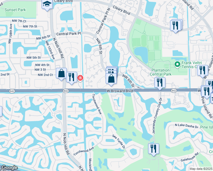 map of restaurants, bars, coffee shops, grocery stores, and more near 9739 West Broward Boulevard in Plantation