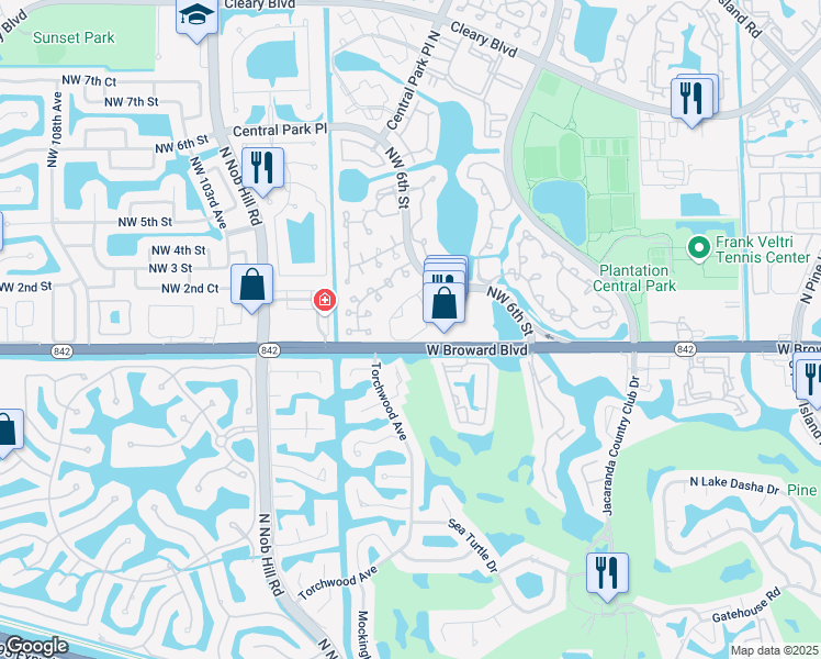 map of restaurants, bars, coffee shops, grocery stores, and more near 9719 West Broward Boulevard in Plantation