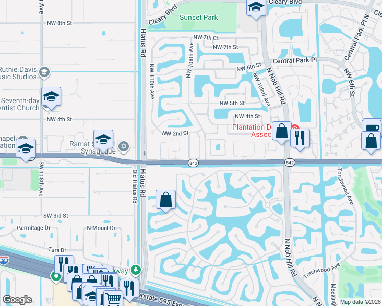 map of restaurants, bars, coffee shops, grocery stores, and more near 250 Northwest 108th Avenue in Plantation