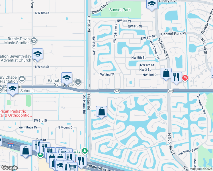 map of restaurants, bars, coffee shops, grocery stores, and more near 10987 West Broward Boulevard in Plantation