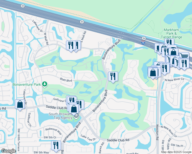 map of restaurants, bars, coffee shops, grocery stores, and more near 359 Blatt Boulevard in Weston