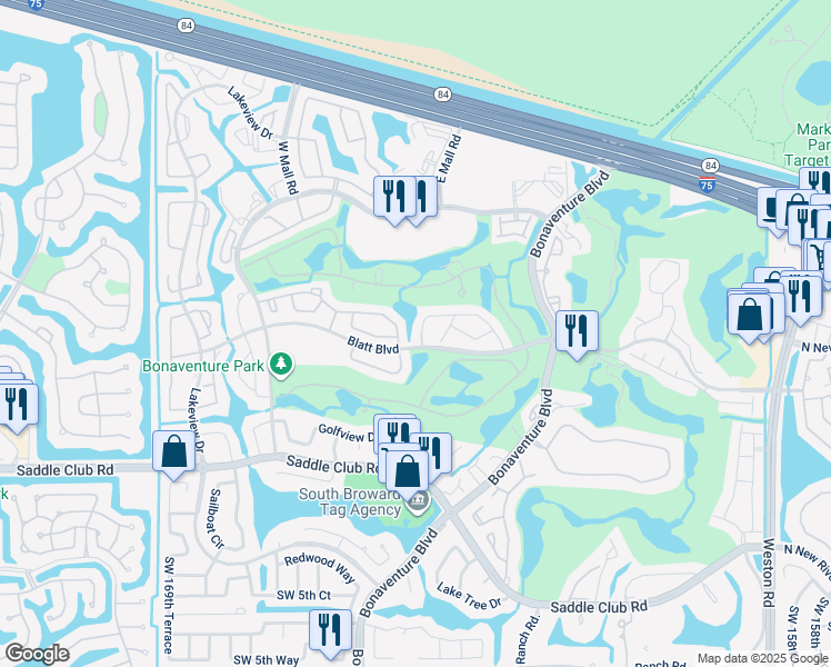 map of restaurants, bars, coffee shops, grocery stores, and more near 217 The Gardens in Weston
