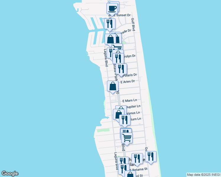 map of restaurants, bars, coffee shops, grocery stores, and more near 303 West Capricorn Drive in South Padre Island