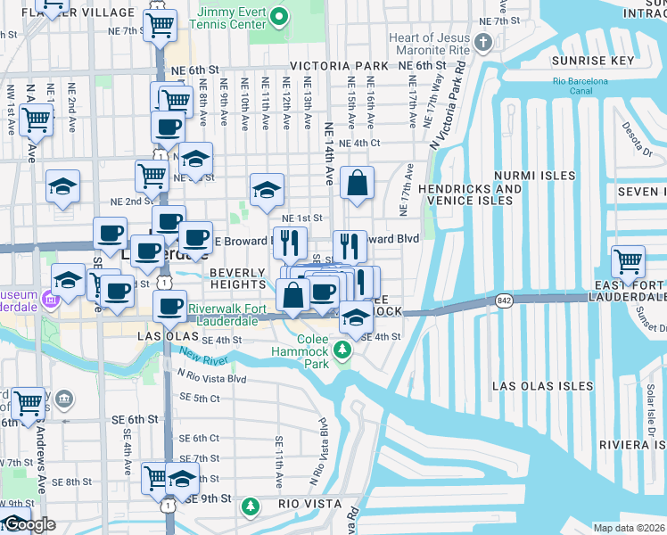 map of restaurants, bars, coffee shops, grocery stores, and more near 1403 Southeast 2nd Street in Fort Lauderdale