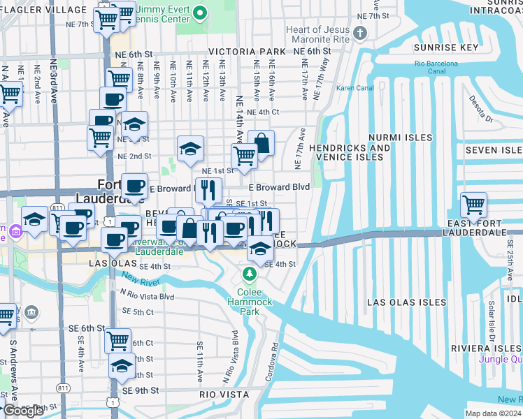 map of restaurants, bars, coffee shops, grocery stores, and more near 1512 Southeast 1st Street in Fort Lauderdale