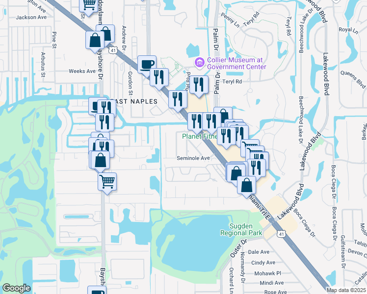 map of restaurants, bars, coffee shops, grocery stores, and more near 3506 Caloosa Street in Naples