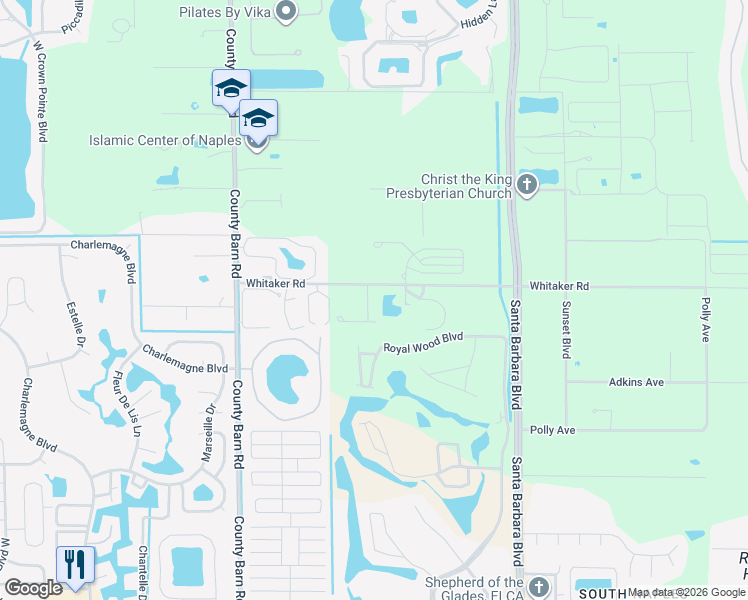 map of restaurants, bars, coffee shops, grocery stores, and more near 5767 Whitaker Road in Naples