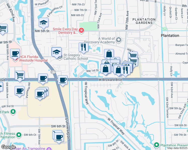 map of restaurants, bars, coffee shops, grocery stores, and more near 7401 West Broward Boulevard in Plantation