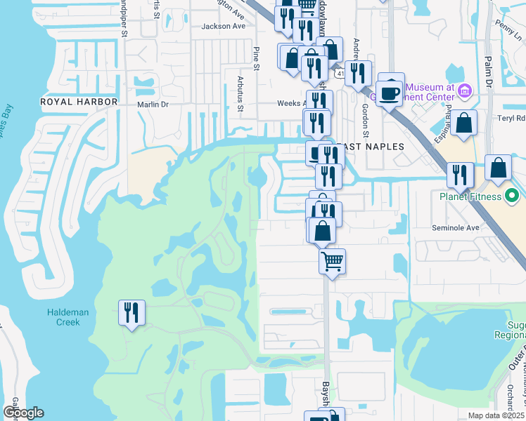 map of restaurants, bars, coffee shops, grocery stores, and more near 3484 Lakeview Drive in Naples