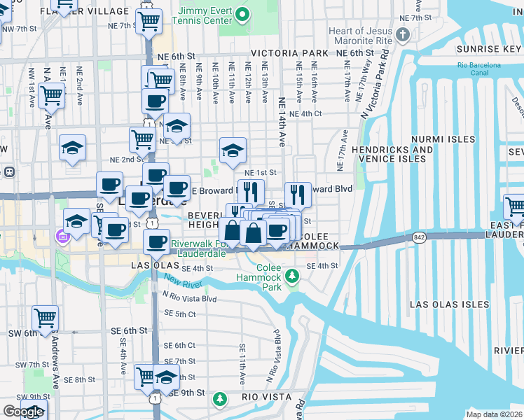 map of restaurants, bars, coffee shops, grocery stores, and more near 1309 Southeast 2nd Court in Fort Lauderdale