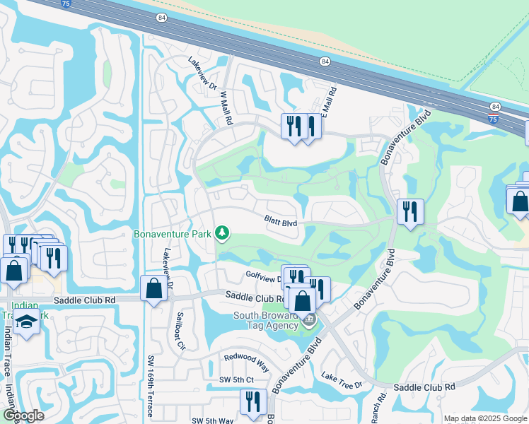 map of restaurants, bars, coffee shops, grocery stores, and more near 16690 Blatt Boulevard in Weston