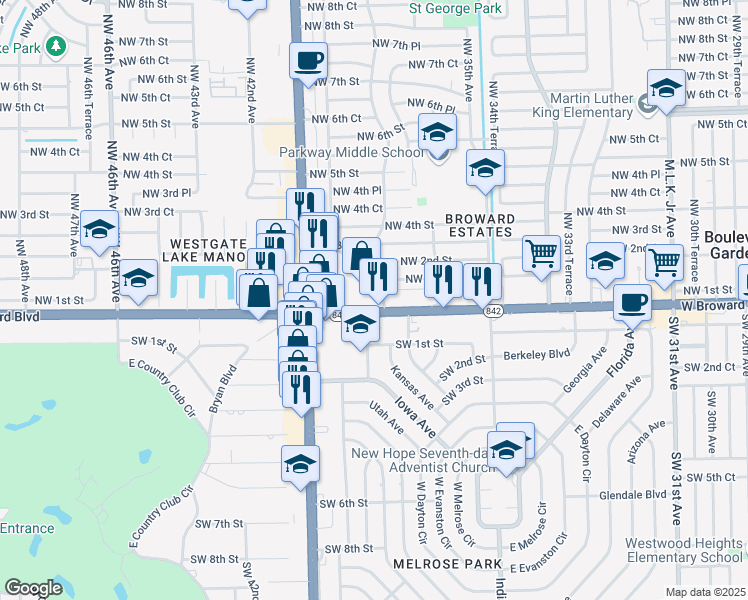 map of restaurants, bars, coffee shops, grocery stores, and more near 3821 West Broward Boulevard in Fort Lauderdale
