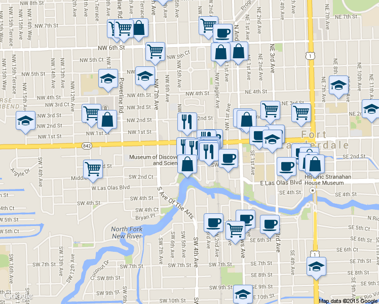 map of restaurants, bars, coffee shops, grocery stores, and more near 401 Himmarshee Street in Fort Lauderdale