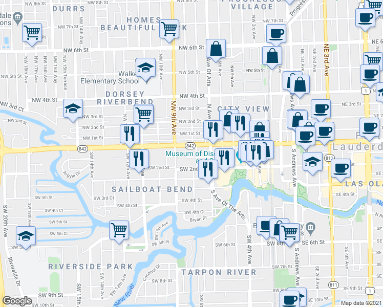 map of restaurants, bars, coffee shops, grocery stores, and more near 816 Southwest 1st Street in Fort Lauderdale