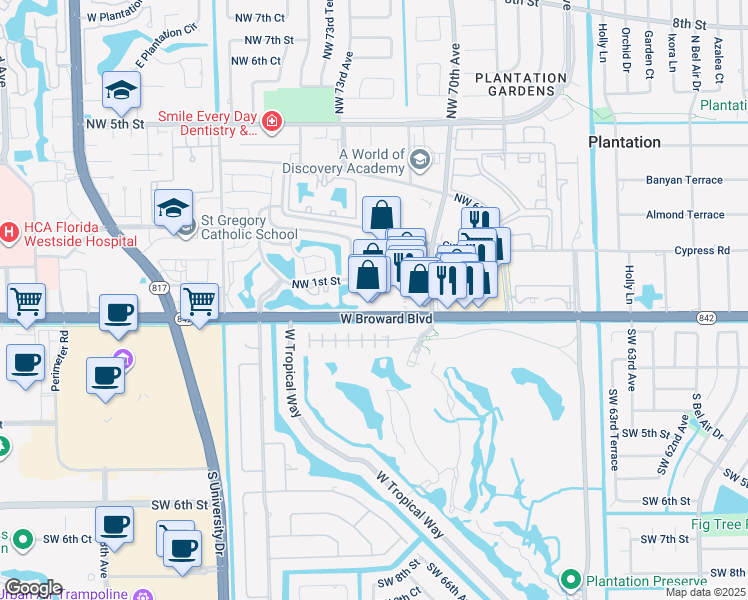 map of restaurants, bars, coffee shops, grocery stores, and more near 7255 W Broward Blvd in Plantation