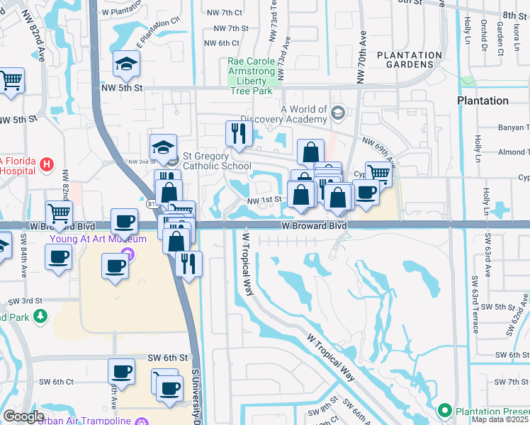 map of restaurants, bars, coffee shops, grocery stores, and more near in Plantation