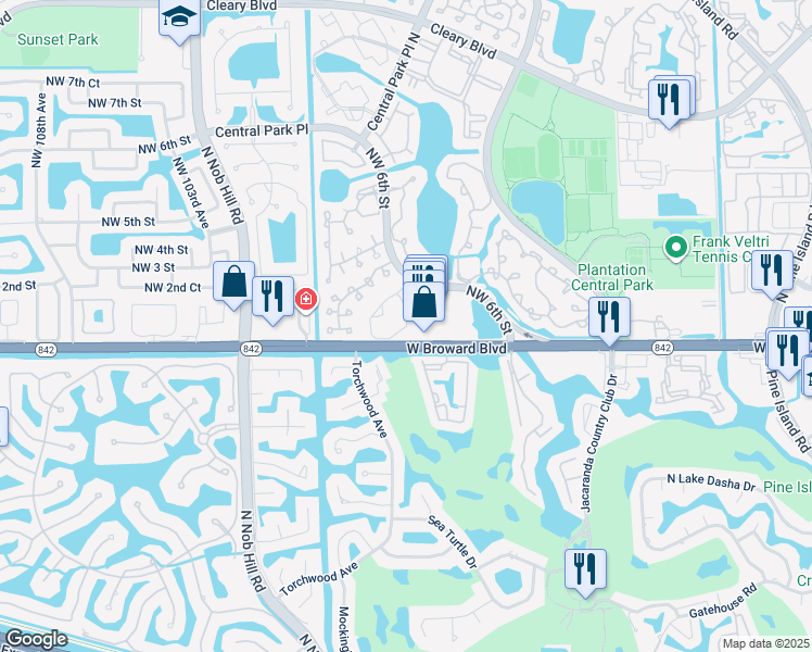 map of restaurants, bars, coffee shops, grocery stores, and more near 9739 West Broward Boulevard in Plantation