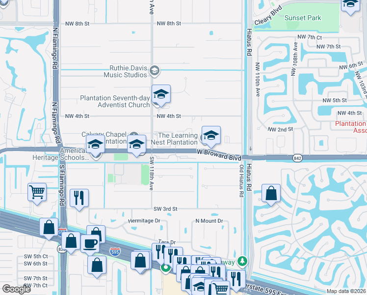 map of restaurants, bars, coffee shops, grocery stores, and more near 11521 Terra Bella Boulevard in Plantation