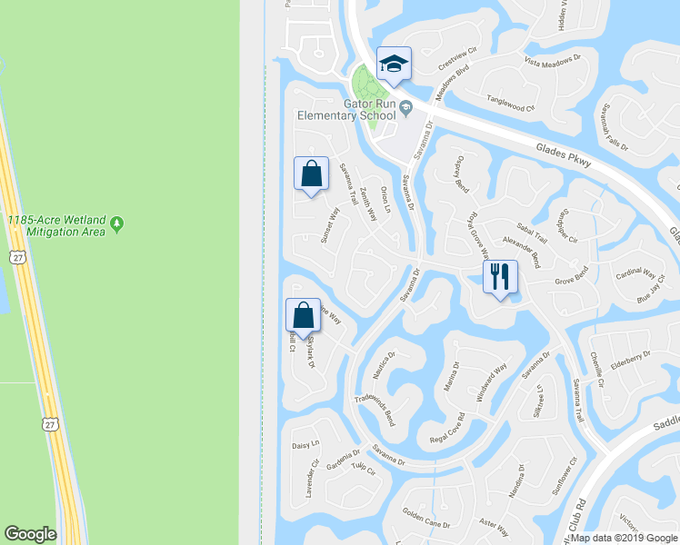 map of restaurants, bars, coffee shops, grocery stores, and more near 1410 Canary Island Drive in Weston