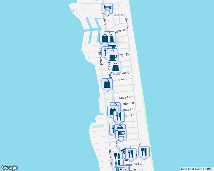 map of restaurants, bars, coffee shops, grocery stores, and more near 303 West Capricorn Drive in South Padre Island