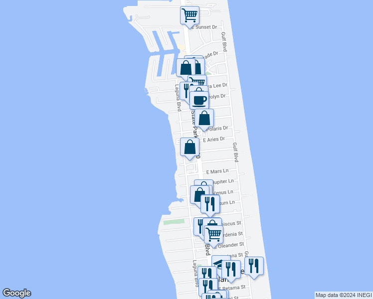 map of restaurants, bars, coffee shops, grocery stores, and more near 303 West Capricorn Drive in South Padre Island