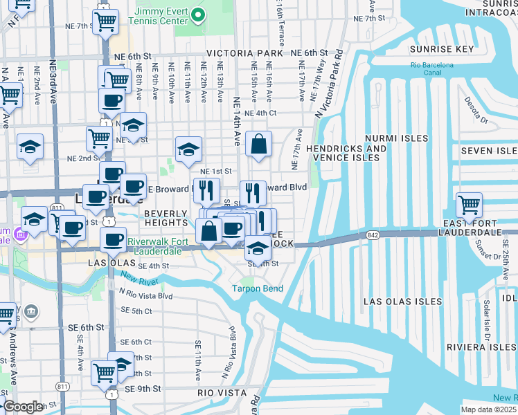 map of restaurants, bars, coffee shops, grocery stores, and more near 1512 Southeast 1st Street in Fort Lauderdale