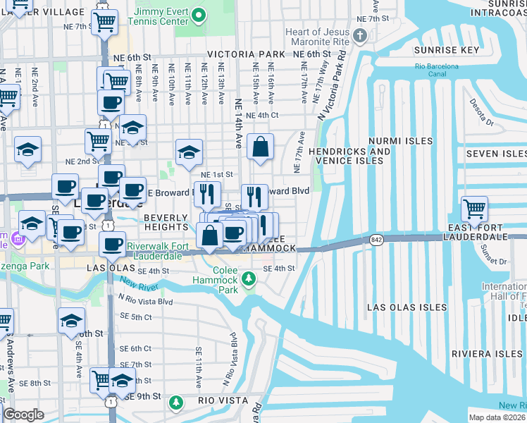 map of restaurants, bars, coffee shops, grocery stores, and more near 1501 Southeast 2nd Street in Fort Lauderdale