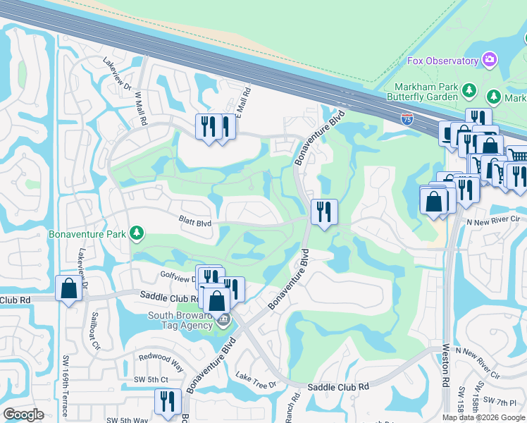map of restaurants, bars, coffee shops, grocery stores, and more near 359 Blatt Boulevard in Weston